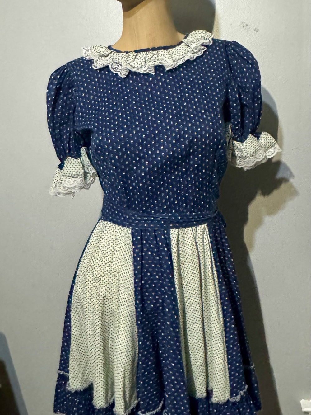 Vintage Navy blue with white polka dot dress with lace trim and ruffles